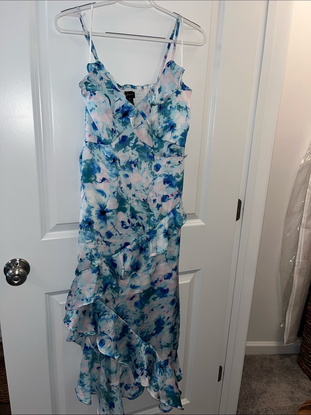 Floral Ruffle Slip Dress in Blue and White